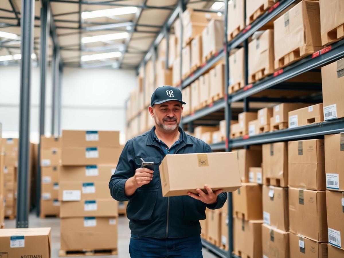 Mitarbeiter scannt ein Paket im Versandlager